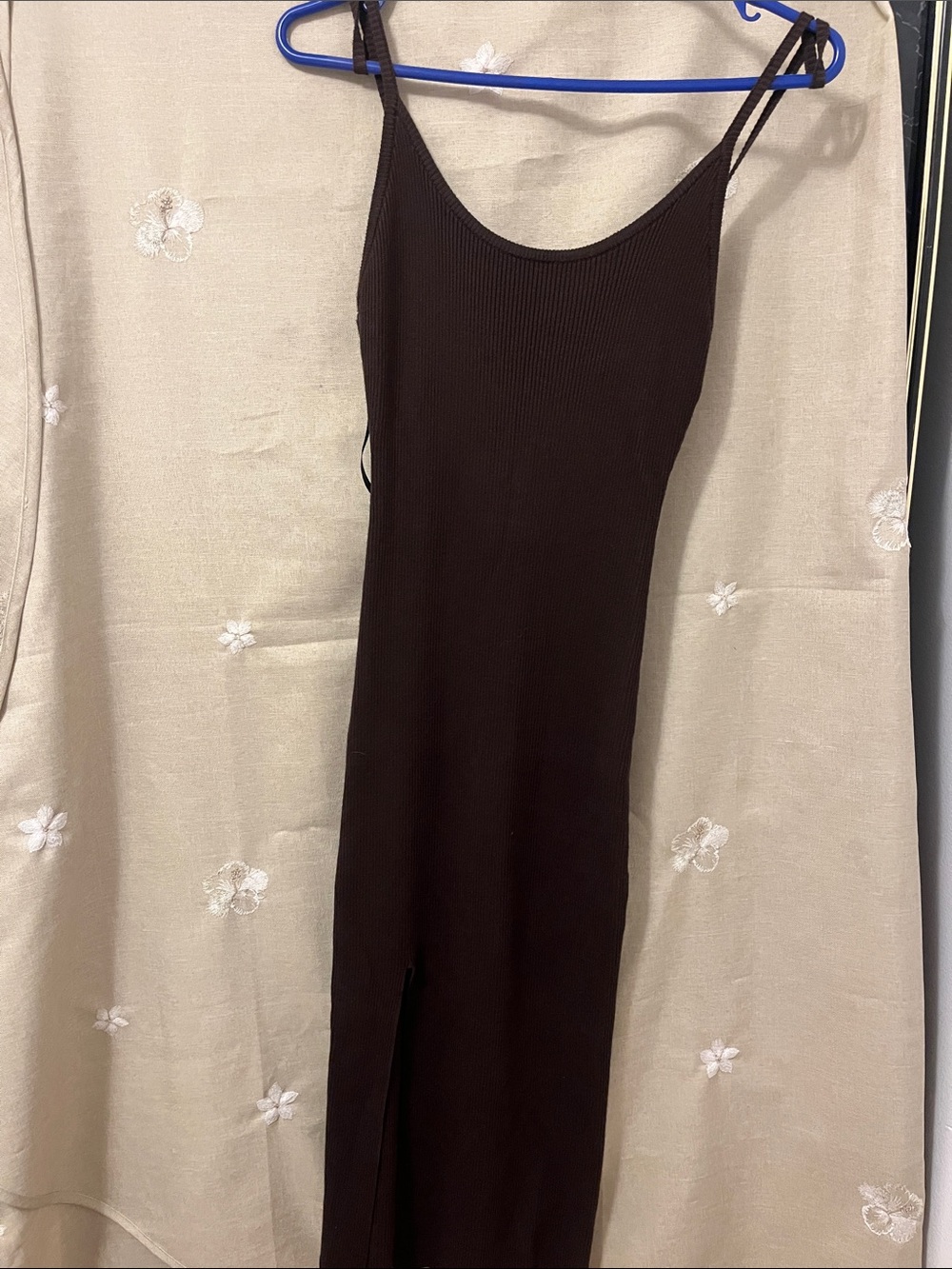 Women’s Chocolate Brown Ribbed Maxi Slip Dress with Thin Straps